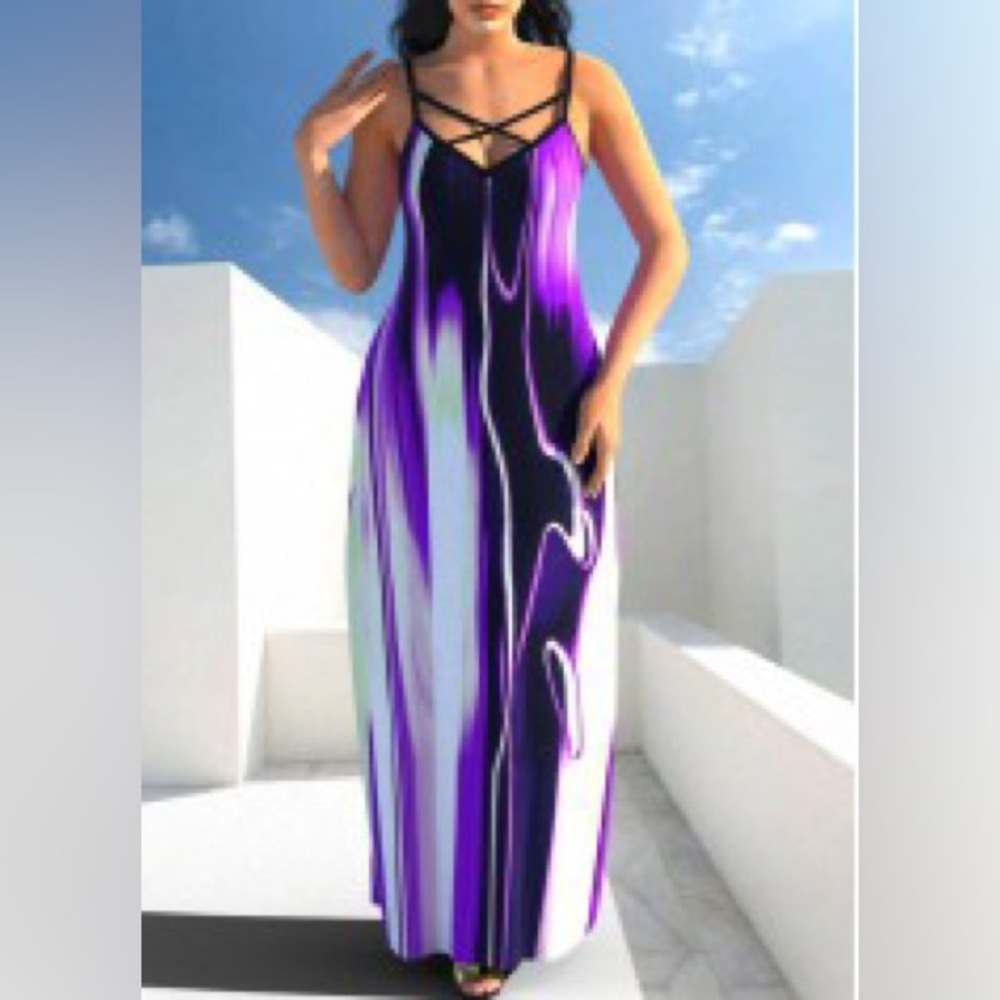 Beach loose Spaghetti strap long dress violet & black print xxl 18 / 20